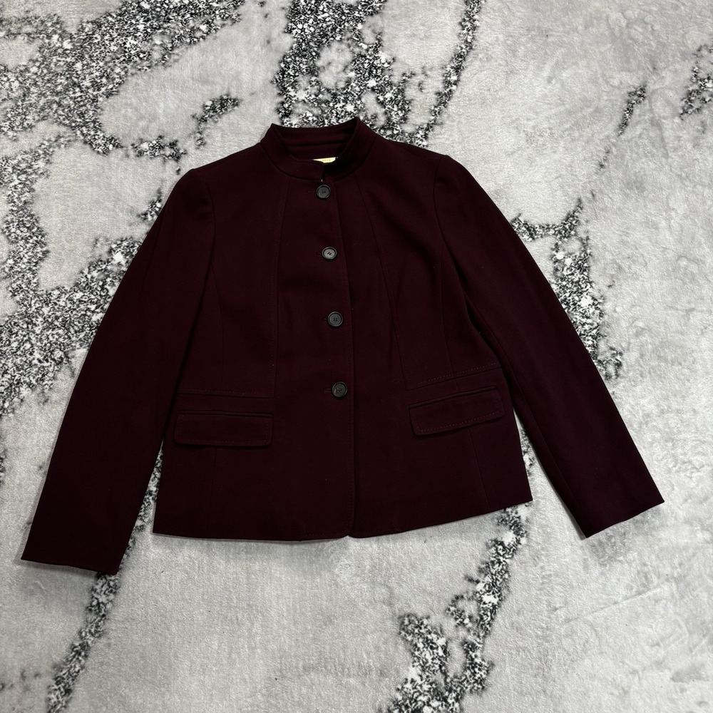 Talbots Burgundy Plum Button Front Jacket Blazer Size 10P Petite Stand Collar